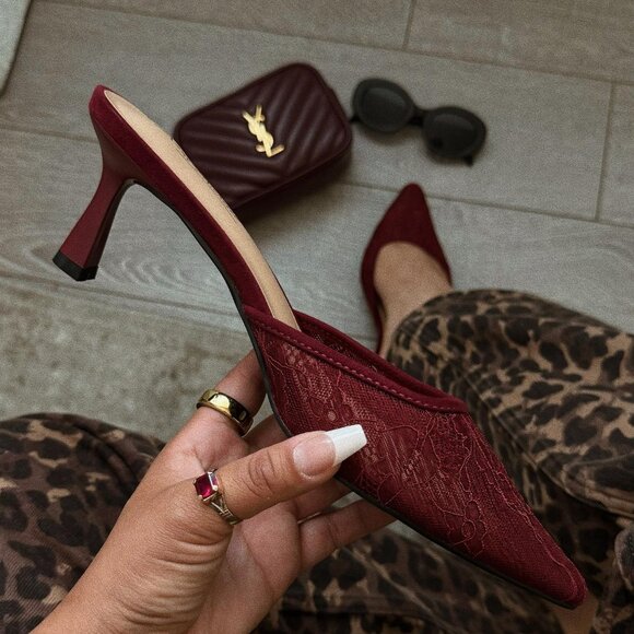 New Burgundy Wine Lace Mesh Pointed Toe Slide Mules Sandals Kitten Stiletto Heel - Picture 1 of 1